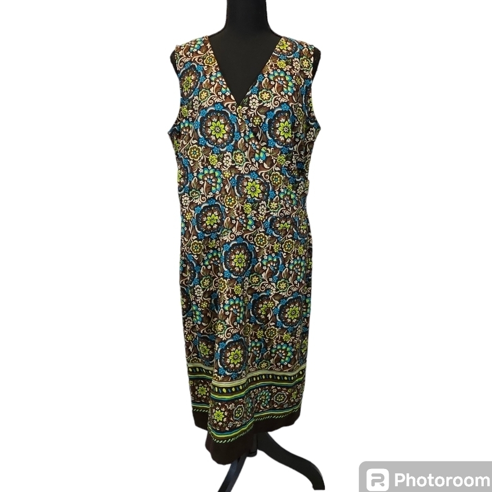 Sag Harbor Floral V-Neck Wrap Dress 65% Rayon 35% Polyester Brown Green Sz 10